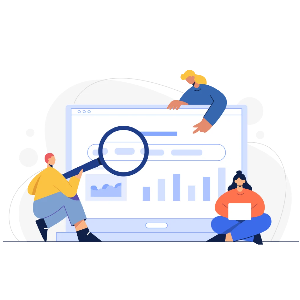 imagen vectorizada de tres personas buscando proveedores en una web